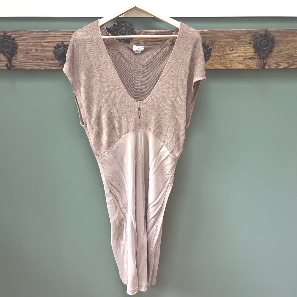 Transit Par Such Womens Taupe Mixed Media Knit V-Neck Dress Size 3 Made in Italy
